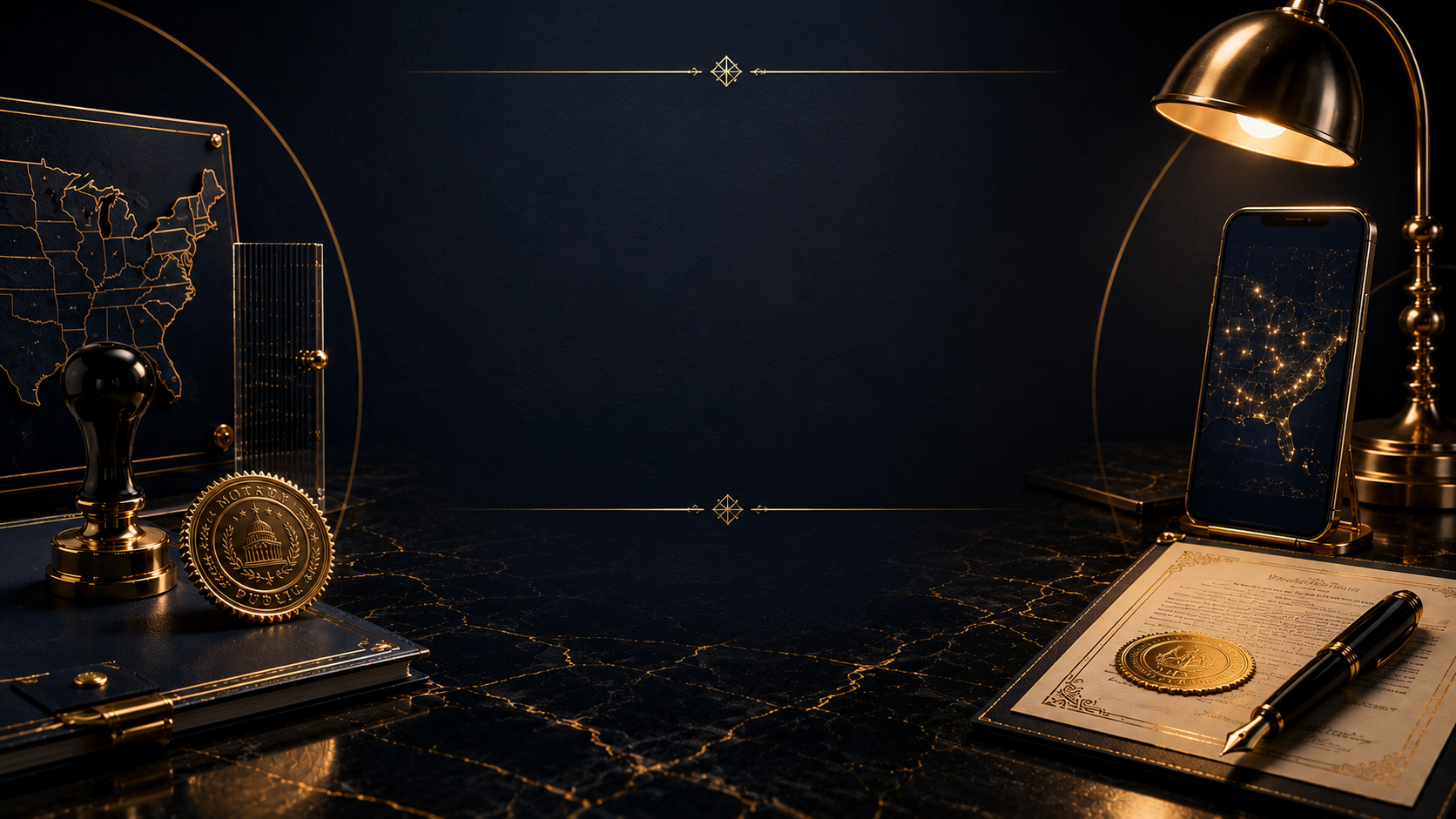 Luxury mobile notary desk scene with notary seal, map, phone, and notarized document